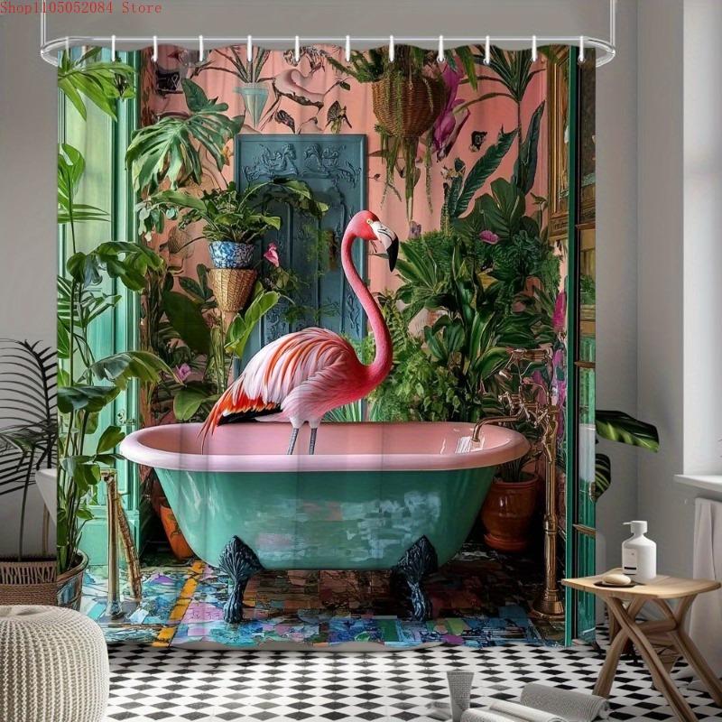 1pc flamingo bathtub shower curtain mint green clawfoot tub  -   With Hooks Waterproof Mildew Proof Easy Install Washable