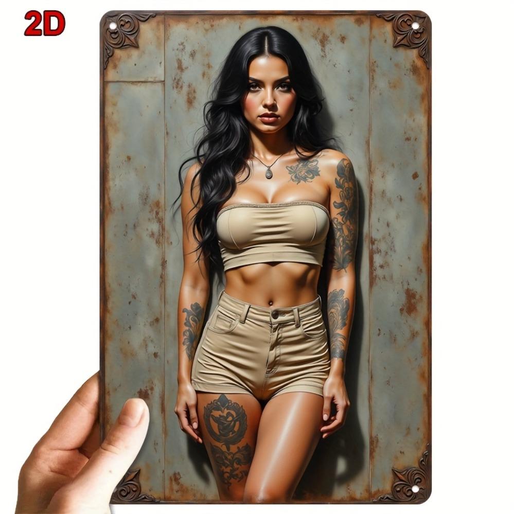 Vintage Tattoo Girl Metal Wall Art 8x12 Inch - Rustic Iron Decor Sign for Bar Cafe Bedroom Office - Retro Tattoo Inspired Room D