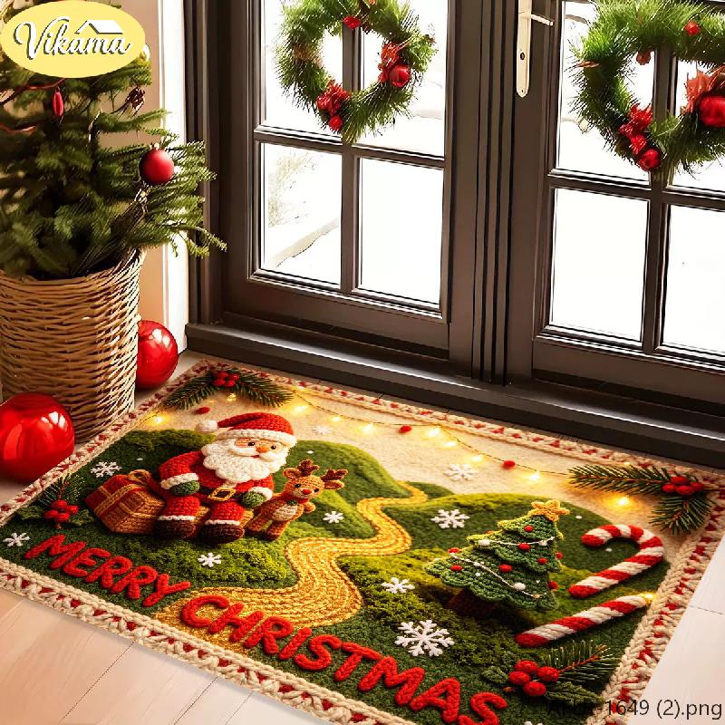 Merry Christmas Doormat, Woven-Style Santa and Reindeer Design, Non-Slip and Machine-Washable Entryway Rug, Home Decor