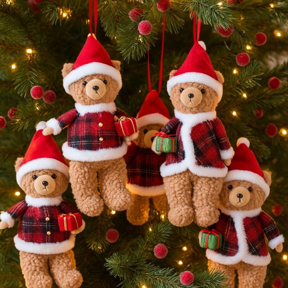 Christmas Atmosphere Cartoon Christmas Bear Pendant Cute Handmade Animals with Hat Xma Tree Decor Family Room Decoration