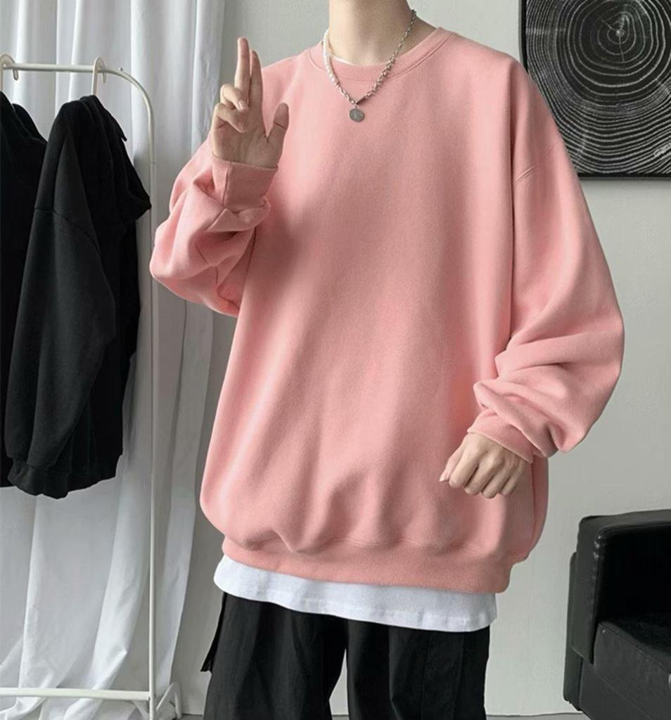 2024 Men’s Hong Kong-Style Solid Color Sweatshirt – Spring/Autumn, Loose Fit, Large Size, Round Neck, Trendy Korean Couple's Top