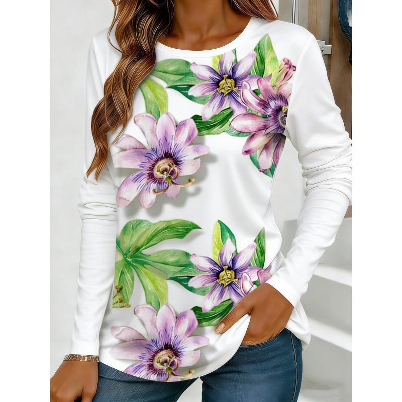 Women's Passionflower Print Long-Sleeved Loose-Fit Round Neck Top, Casual, Everyday, Stylish and Elegant