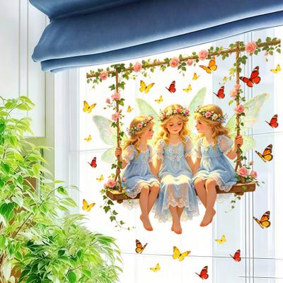 Fairy Window Sticker, Watercolor 4 Fairies Swing Window Cling, Colorful Flowers Butterflies Static Glass Decal for Kids Room Bedroom
