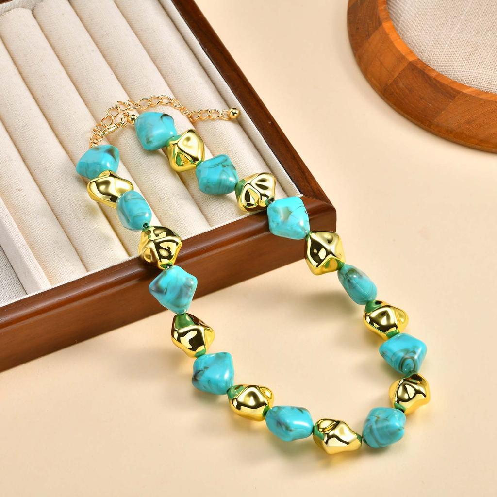Vintage Boho Colorful Acrylic Irregular Bead Chain Necklace for Women, Geometric Resin Handmade Necklace, Fashion Jewelry Set