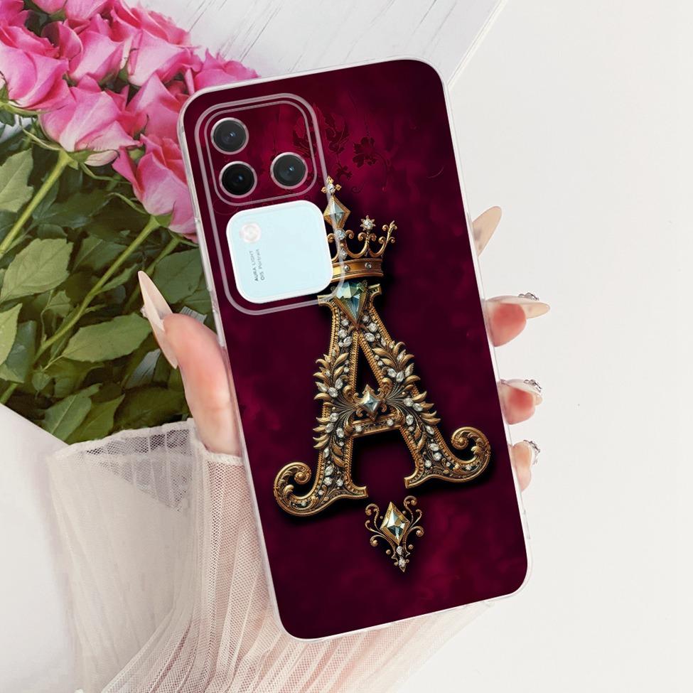 Für Vivo S18Pro V2344A Hülle Für Vivo S18 Pro Abdeckung Transparent Luxus Krone A-Z Buchstaben 2D Flaches Muster Weiches Gehäuse