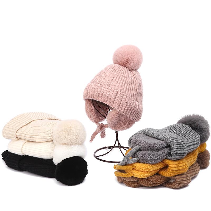 Winter Baby Knitted Hat With Earflaps Solid Color Pompon Beanie Cap Kids Boy Girl Thick Warm Plush Ear Protection Caps