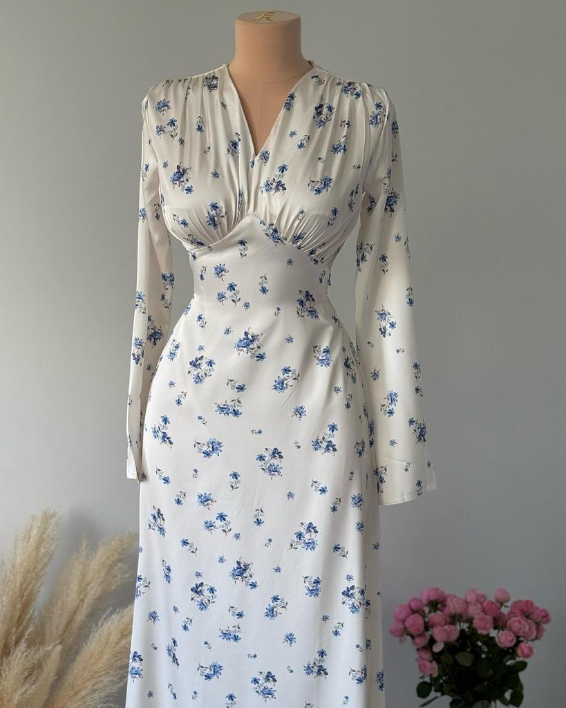 2025 Spring High-End French V-Neck Satin Print Swing Dress