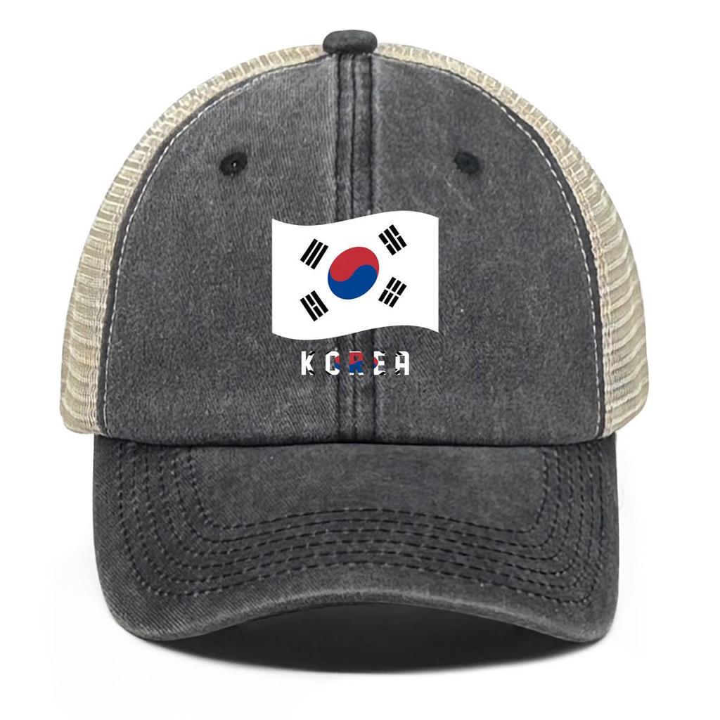 South Korea Flag Waves Print Adjustable Mesh Cap, Patriotic Sports Hat Stylish All-season Raw Brim Trendy Snapback Trucker Hat