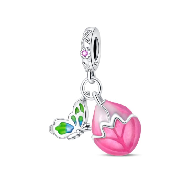 Spring 925 Silver Flowers Shining Tulip Butterfly Gem Charms Beads Fit 3mm 925 Exquisite Bracelets Fine DIY Warm Jewelry Gift