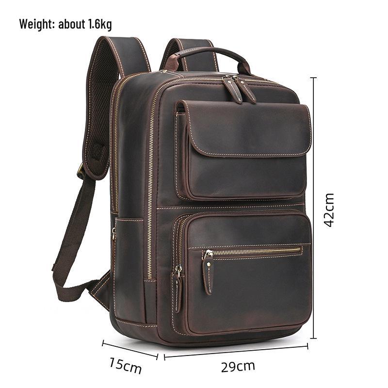 Retro Men's Crazy Horse Leather Backpack - Large Capacity 15" Laptop Bag, Top Layer Cowhide Schoolbag.