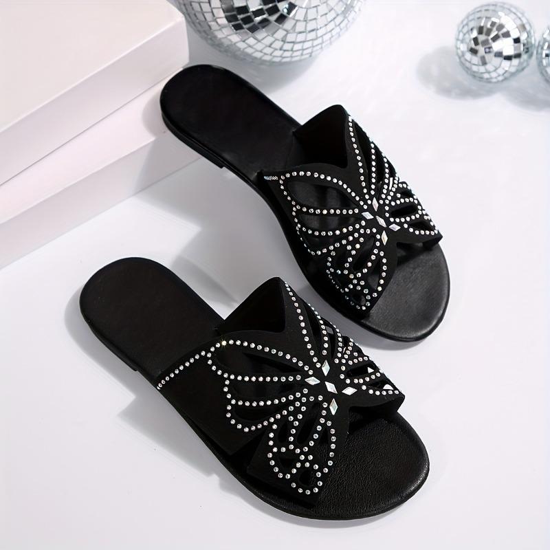 Women's Rhinestone Butterfly Slip-On - Sparkling Open-Toe Faux Cover Slippers with Rhinestone-Adorned Strap,B Party Wedding Beach Shoes