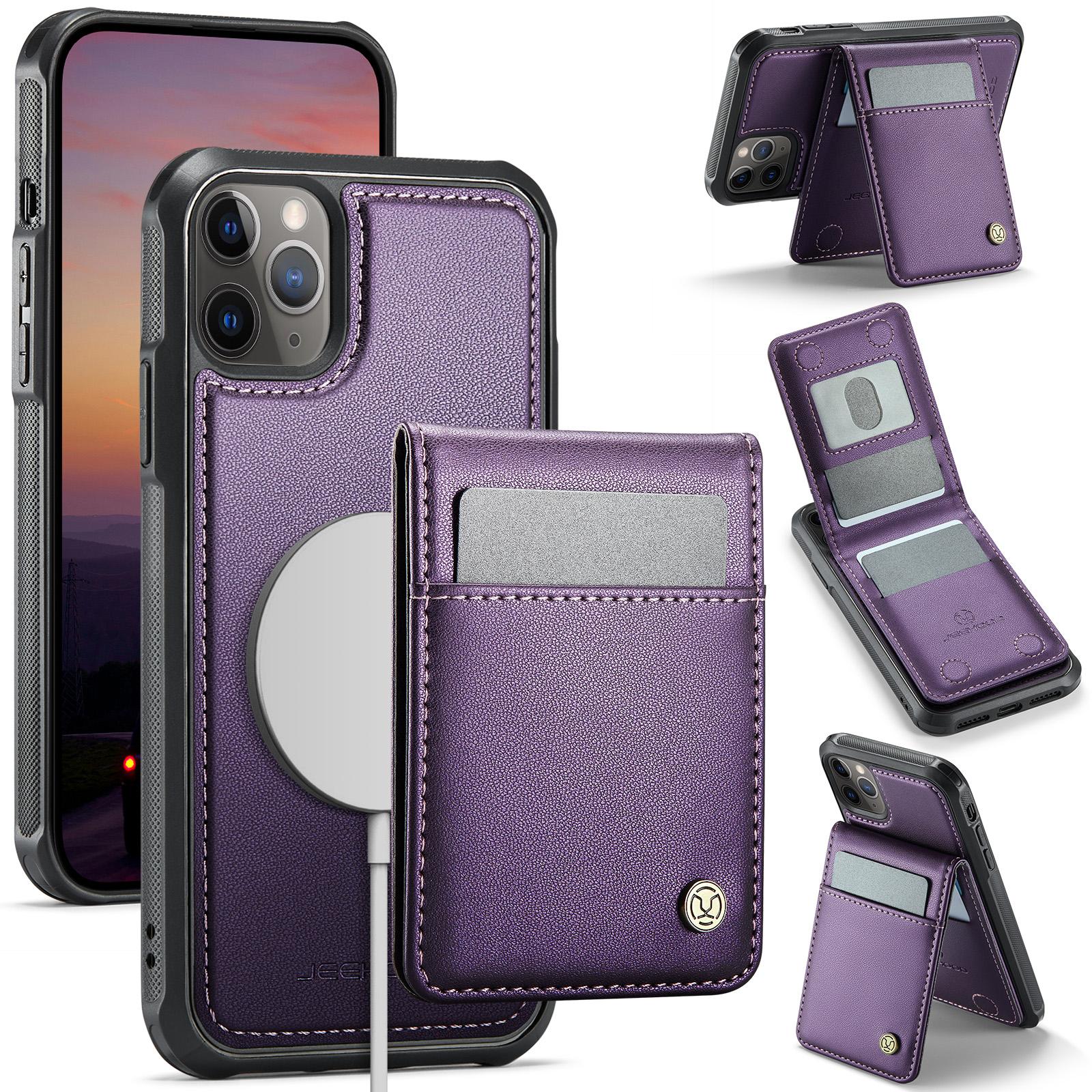 

For iPhone 11 Pro Leather Back Cover Compatible with MagSafe JEEHOOD J06 Phone Case with Card Bag RFID Blocking B