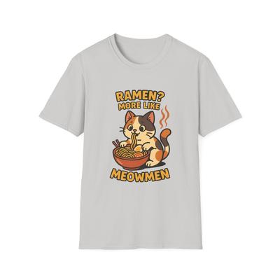 Unisex Softstyle T-Shirt Cute Cat Eating Ramen Funny Meowmen Foodie Tee