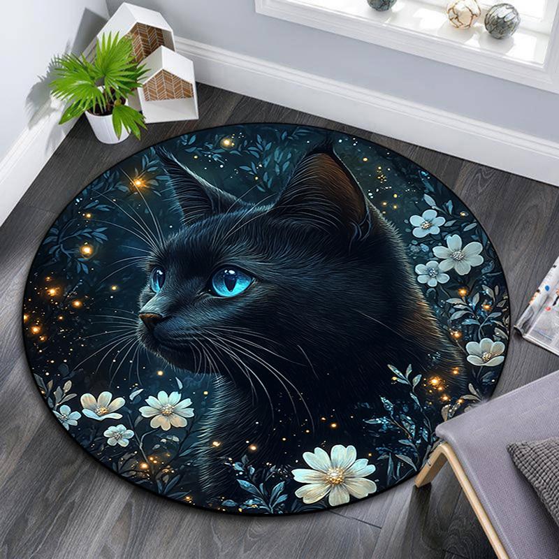 Magical Black Cat Round Area Rug,Carpet Rug for Living Room Bedroom Sofa Playroom Decor,Non-slip Floor Mat