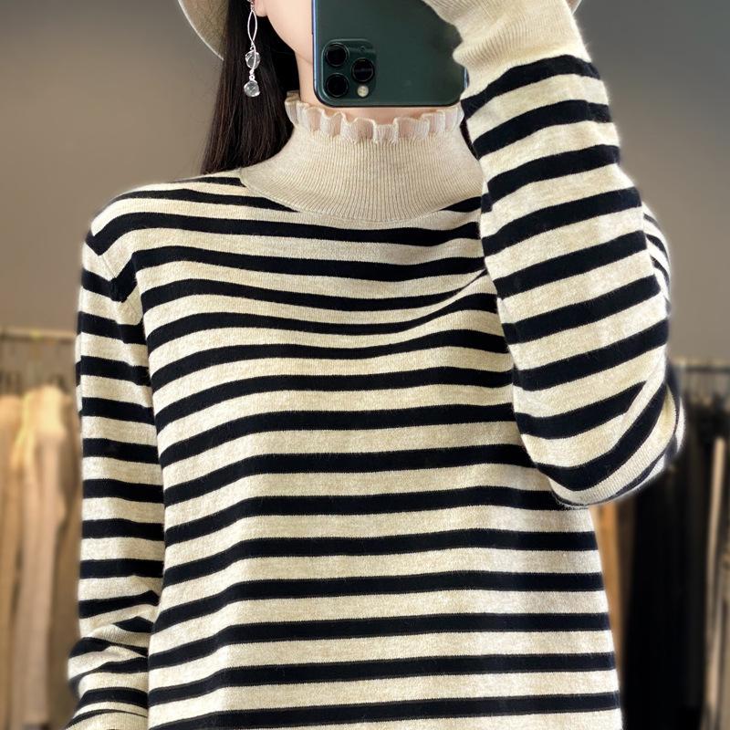 

24 Spring Striped Semi-turtleneck Knitted Shoulder Sleeve Bottom Shirt Loose Versatile Pullover Long Sleeve Top S