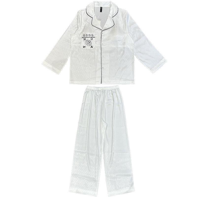 Gentle and Cool Ice Silk Long-sleeved Pajamas Women's Suit Black and White Camellia Spring Loose Women