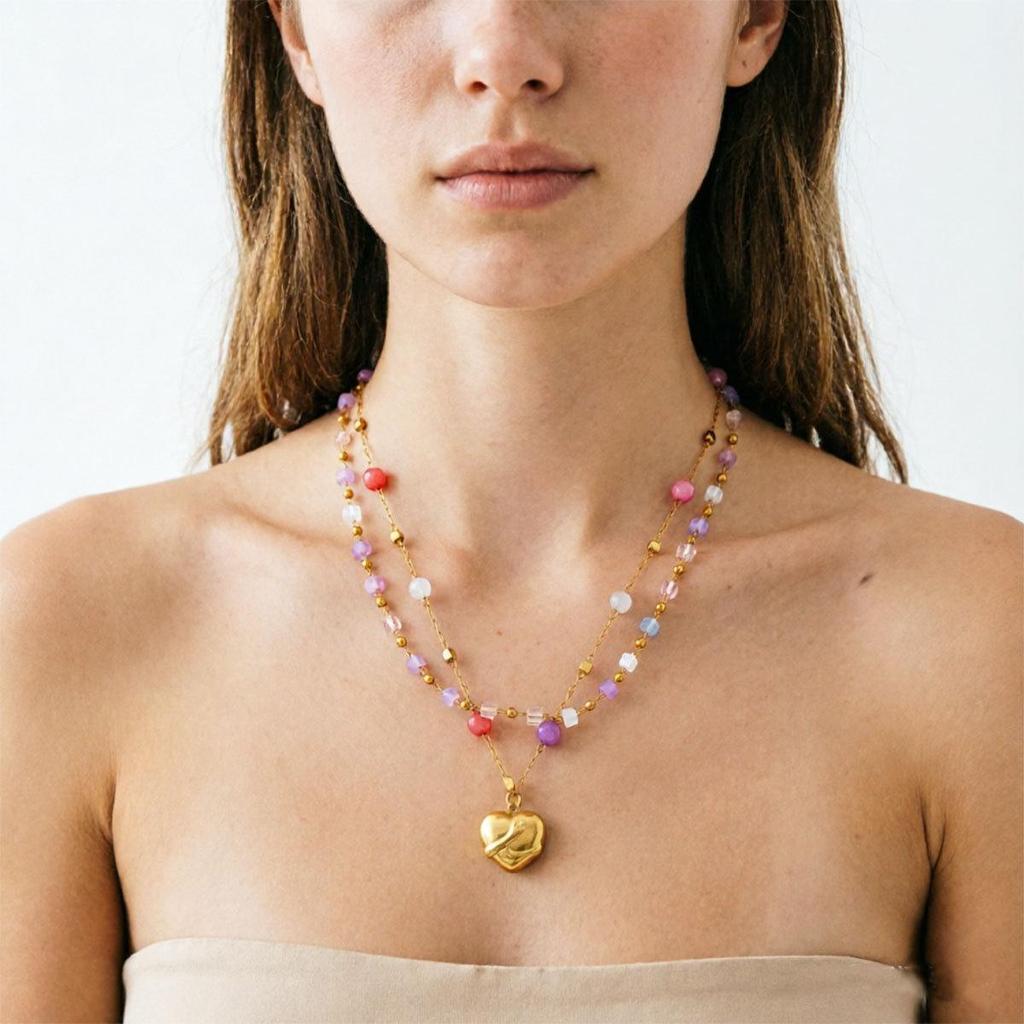 Colorfast Stainless Steel Jewelry Set: Heart Pendant Necklace, Bracelet, Anklet, Best Friend Gift, Colorful Clavicle Chain
