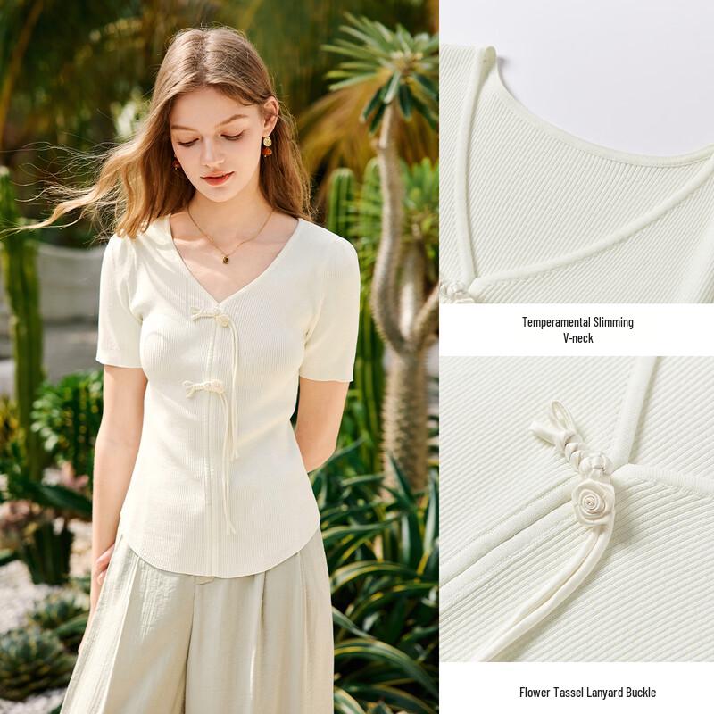 Women's Flower Knot V-Neck Knitted Short Sleeve Top