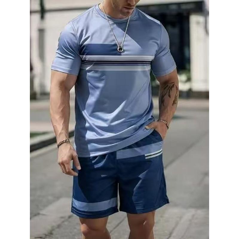 Summer  Arrival Men's Casual Two-Piece Set Striped Print Short-Sleeve Shirt and Athletic Shorts Set