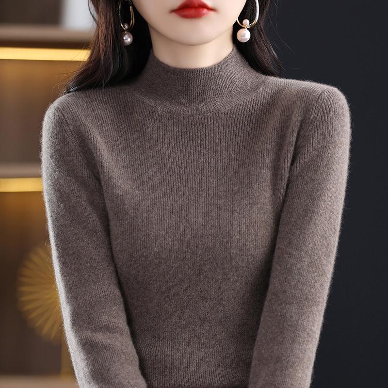 Women's Slim Fit High-Neck Wool Sweater - Long Sleeve Knit Base Layer for Autumn/Winter