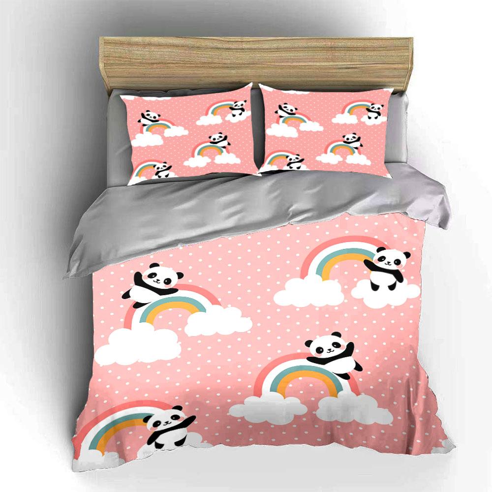 Cute Panda and Rainbow Pattern Bedding Duvet Cover Set Duvet Cover Pillowcases  (1*Duvet Cover 2*Pillowcases, Without Duvet Insert)
