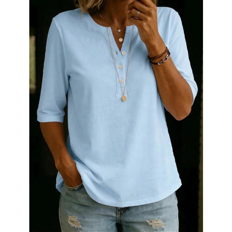 JPNTKY Women's Fashion Casual Solid Color Print Short Sleeve V Neck Blouses & Shirts