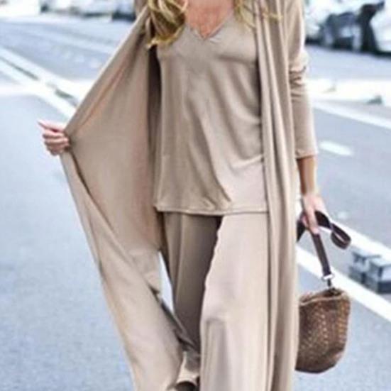Three-piece Stylish V Neck Top Women Pants Suit Sleeveless Top Casual Solid Color Autumn Suit