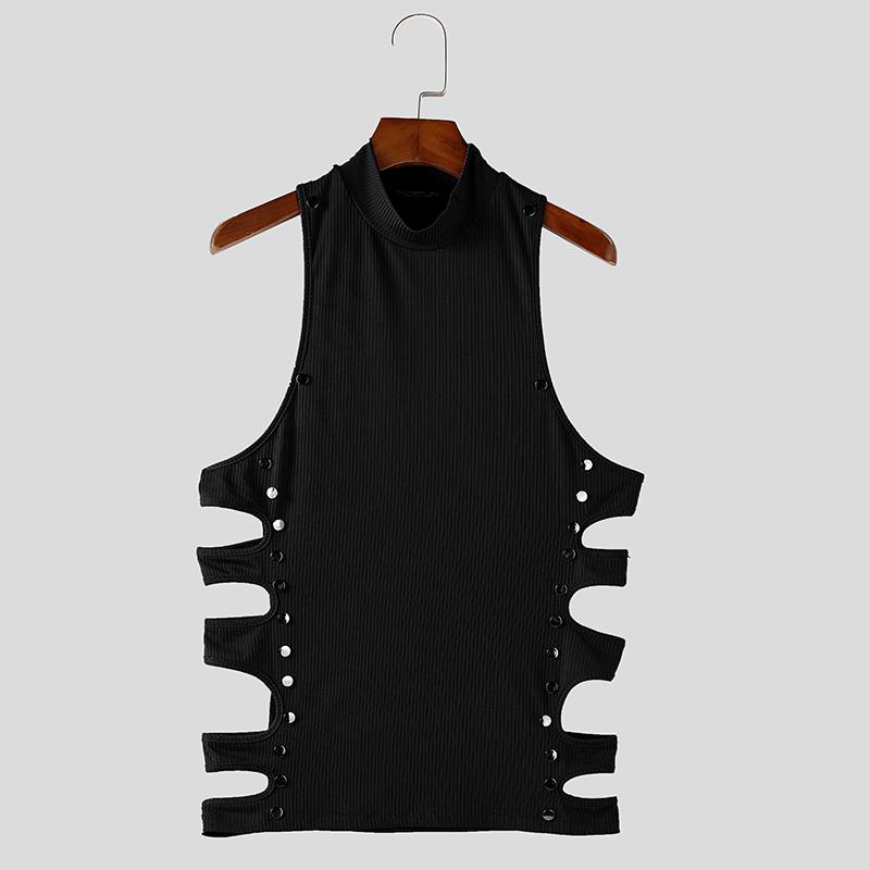 INCERUN Męskie letnie topy bez rękawów z okrągłym dekoltem i ozdobnymi guzikami, z wycięciami i ściągaczem