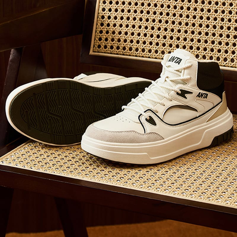 Anta Pancake Slip Resistant Abrasion Resistant High Top Skateboard Shoes Men's White Black Green 912448082-1