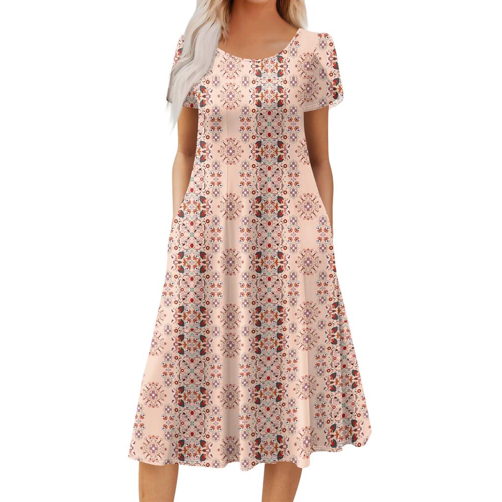 Women’s Casual Round Neck Printed Short Sleeve Dress with Pockets Relaxed Fit Lightweight Midi Length Suitable for Daily Wear
