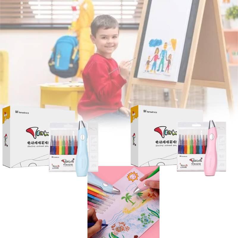 Paint Electric Spray Pen Airbrush Set Children 12 Felt Pens 19 Stencils Drawing