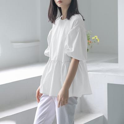 Short Sleeve Crew Neck Shirt Women's Strap Lantern Sleeve Minimalist Solid Color Top