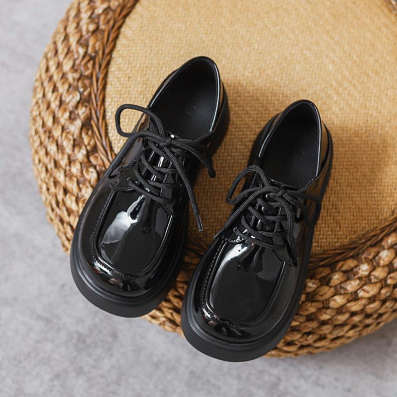Fashion “British - Style” Patent - Leather Lace - Up Chunky Shoes, Black Round Toe, Ideal for Daily & Office Looks