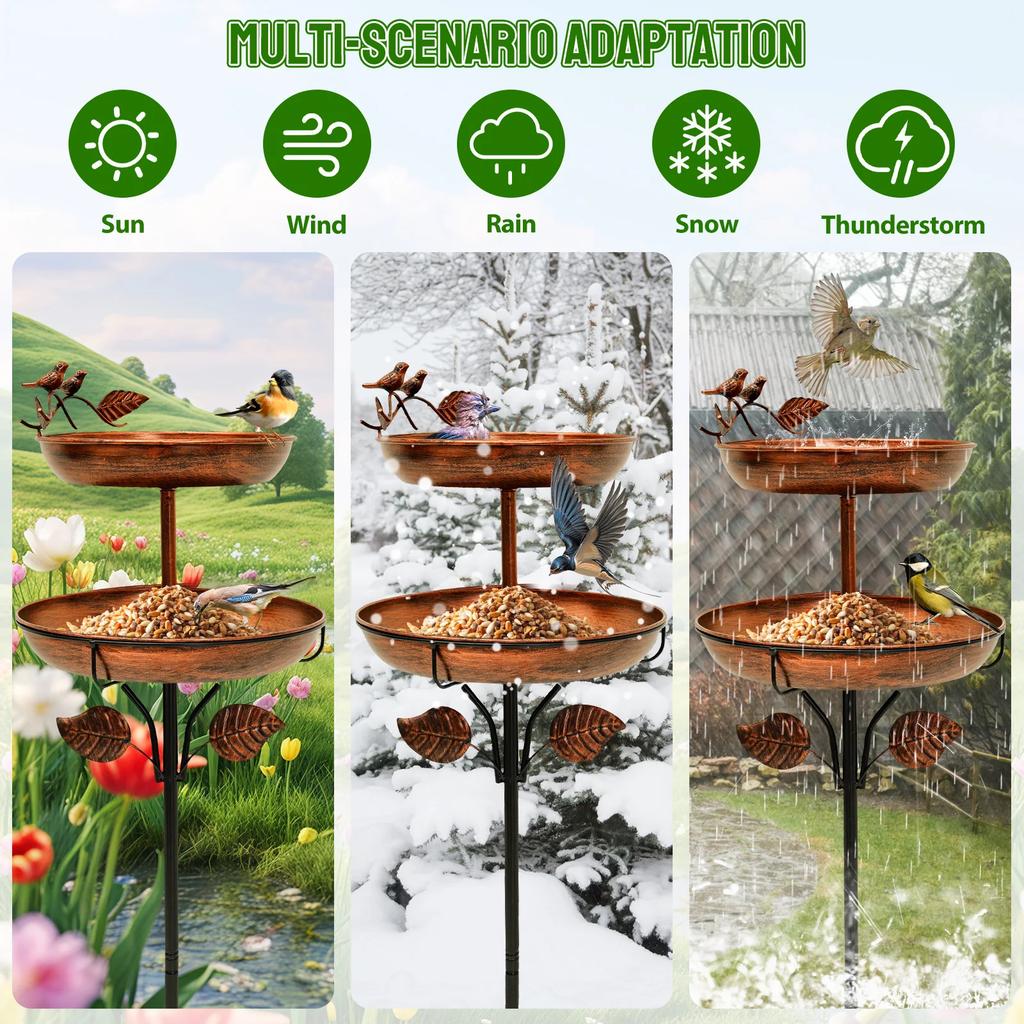 2-Layer Bird Feeder Iron Parrot Bird Birdtub with 5 Pronged Base Large Capacity Feeding Bird Bath Spike for Outdoor Garden Decor