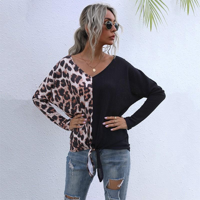 Womens Casual V-Neck Knit Sweater With Leopard Print Patchwork Long Sleeve Loose Fit Cotton Blend Fall Winter Top