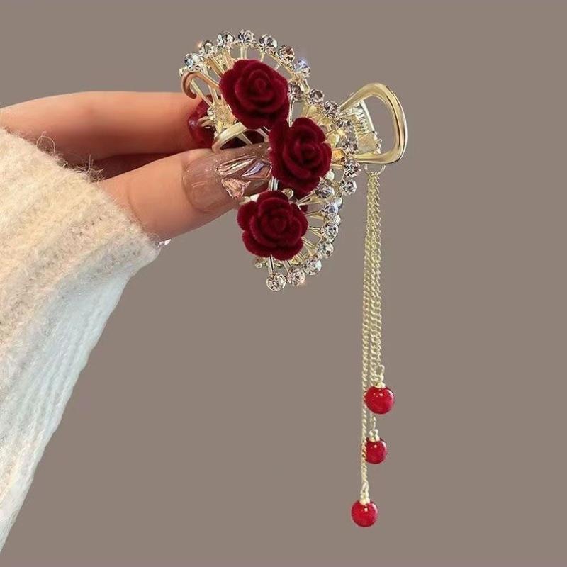 Red rose, pearl, tassel, small claw clip, half pierced top clip, high ponytail clip, white lotus claw clip