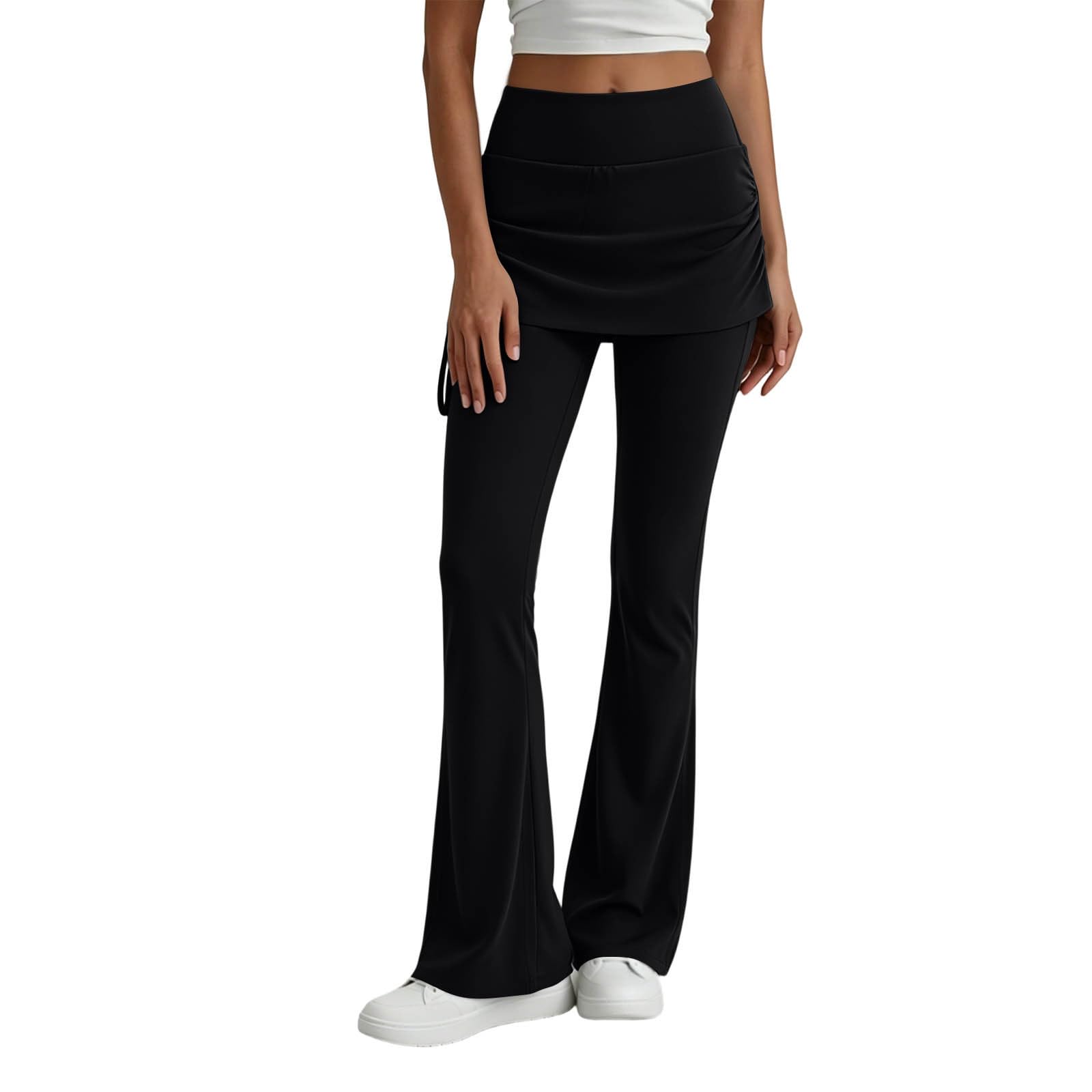 

Women High Waist Wide Leg Yoga Pants with Skirt Overlay Stretchy Workout Leggings for Fitness Running and Casual Wear M чёрный