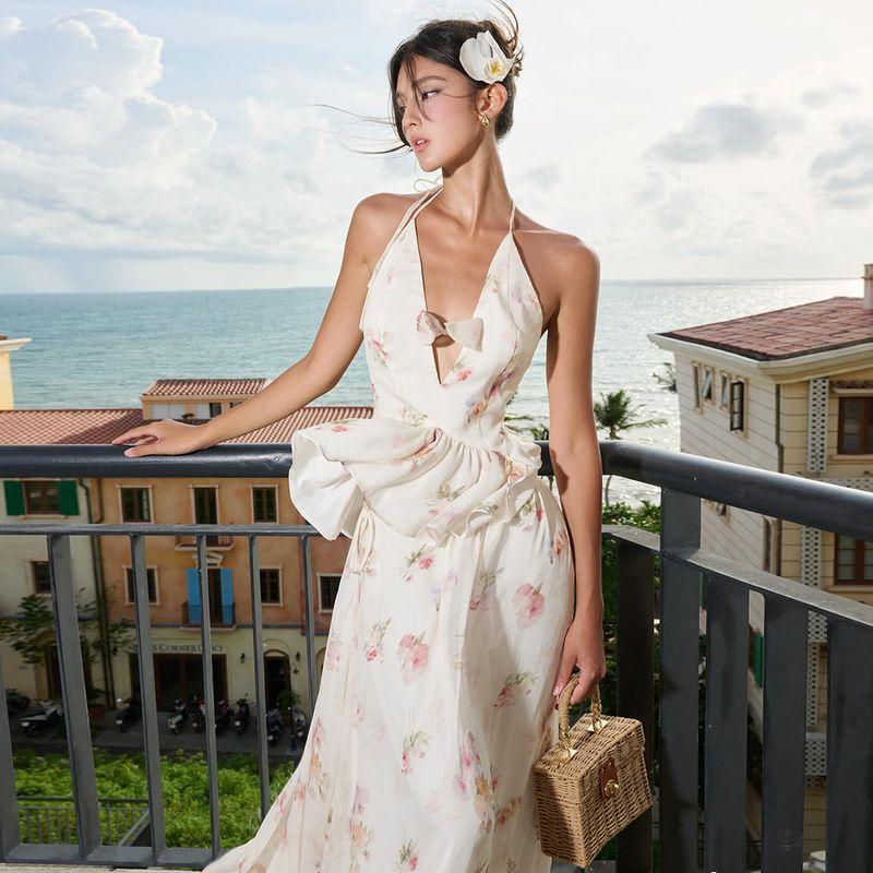 

# Sisjuly# French style Fresh and Beautiful Floral Bow Hollow out Cami Frill Long dress Set Women Creamy-white sling(K25L71584) L