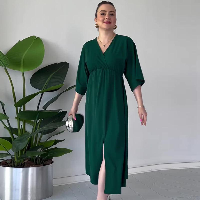 

2024 Women s Plus Size High Waist Casual Dress - Simple, Solid Color, Comfortable Summer Fashion. S зелёный