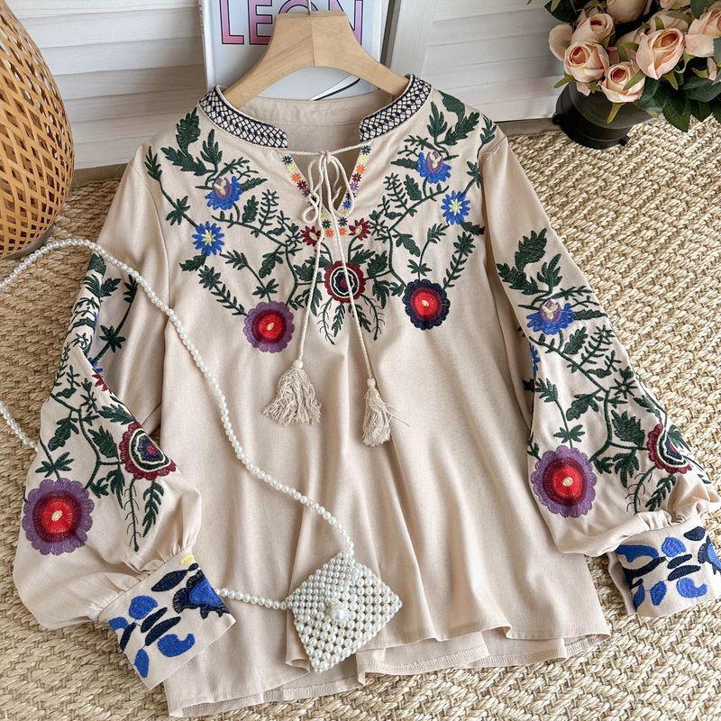 

Bohemia Retro Ethnic Style Loose-Fitting Fashion Shirt Apricot All yards