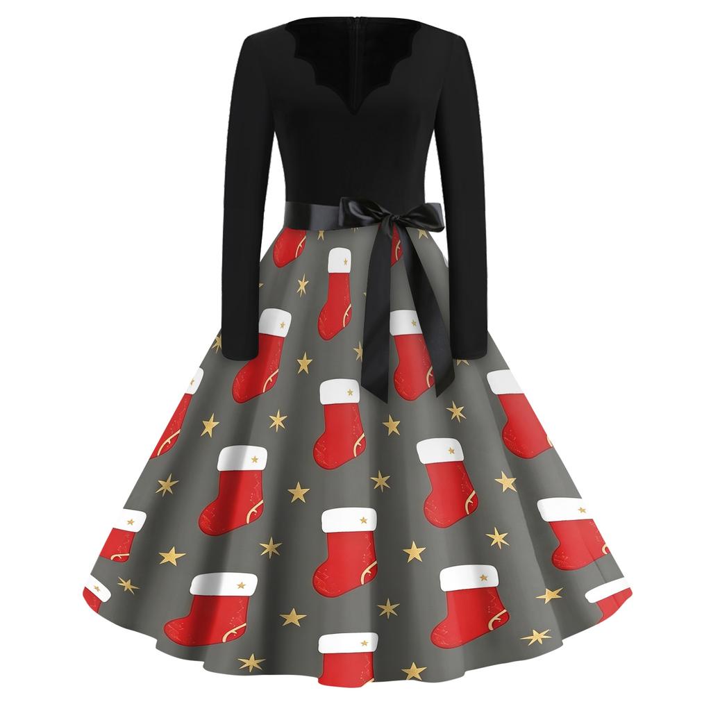 Women's Casual Vintage V-Neck Dress with Christmas Snowflake and Tree Print for Holiday Parties