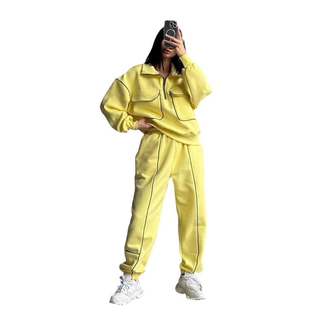 Autumn and Winter Casual Suit Women's Fashion Street Style Sweater Sports Suit Half Open Pocket Jumper Trousers Women