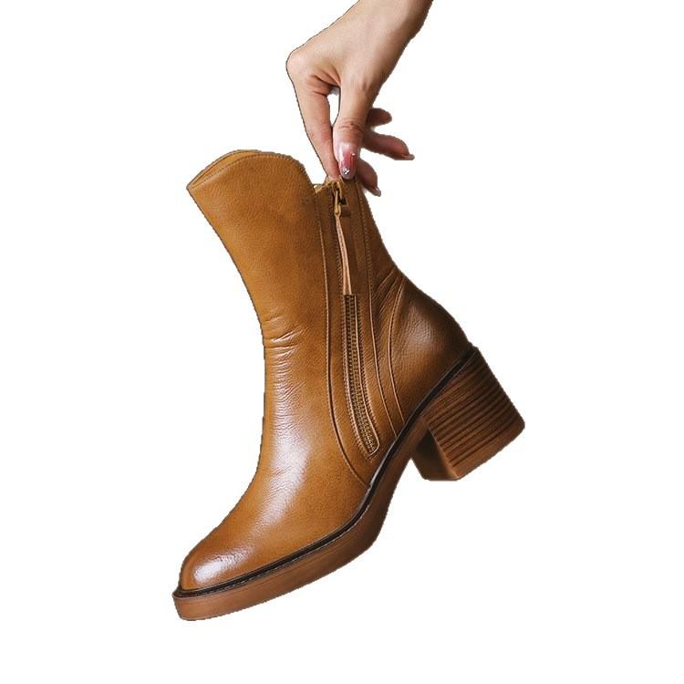 Autumn Coarse Heel Brown Short Boots Women's British Side Zipper High Heel Brushed Vintage Round Martin Boots