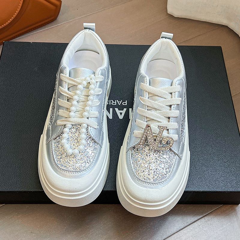 2025 New Spring and Autumn Thick-soled Fashion Board Shoes Women's Versatile Popular Rhinestone Silver Sports and Leisure Shoes Trend