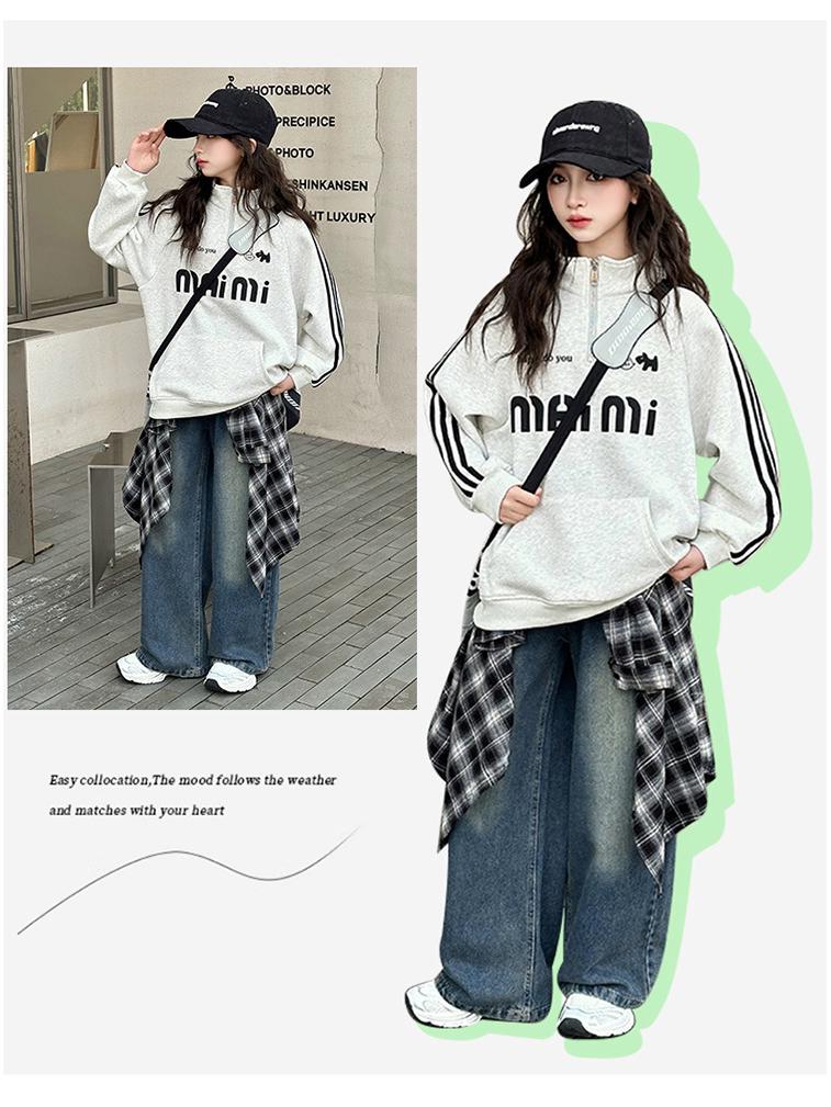Trendy 2025 Girls' Autumn Sweatshirt & Jeans Set - Fashionable Two-Piece for Older Kids