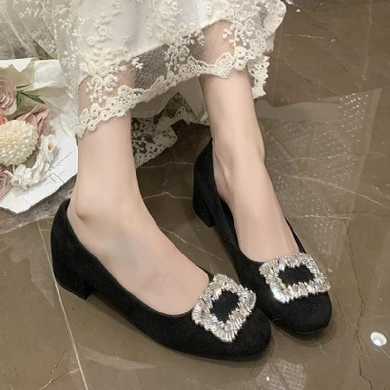 French Thick Heel Single Shoes Women's New Black Elegant Rhinestone High Heels Women's Low Cut New Shoes