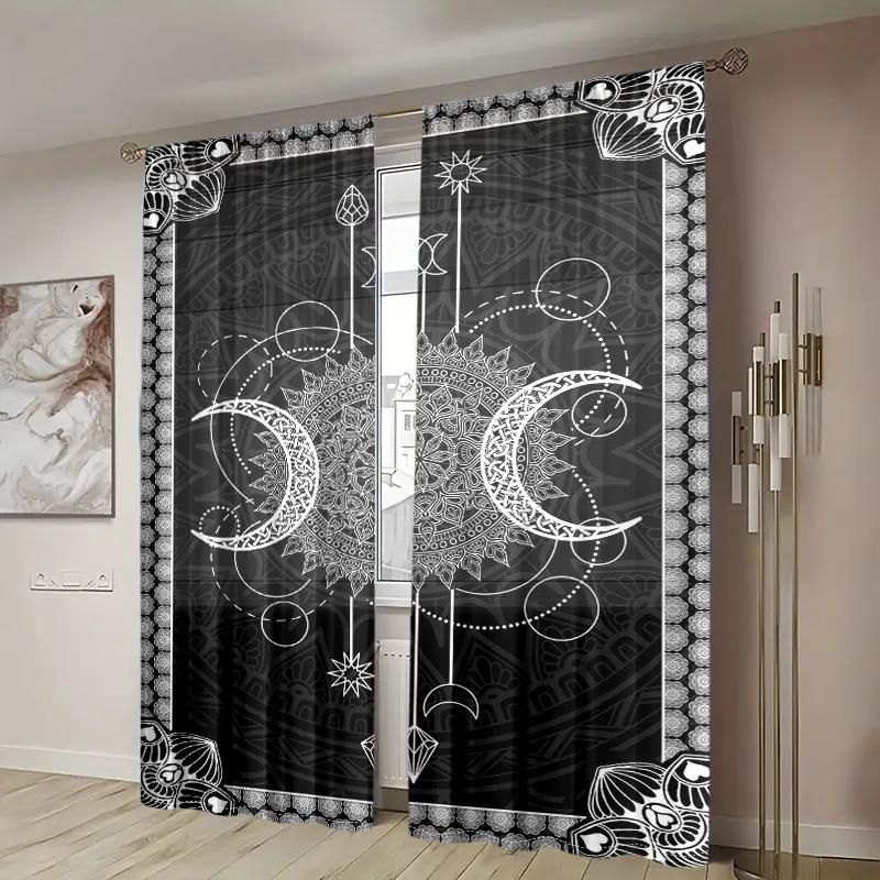 2 Pieces, Sun and Moon Mandala Semi Transparent Curtains - Rod Pockets - Living Room, Bedroom and Other Home Decorations