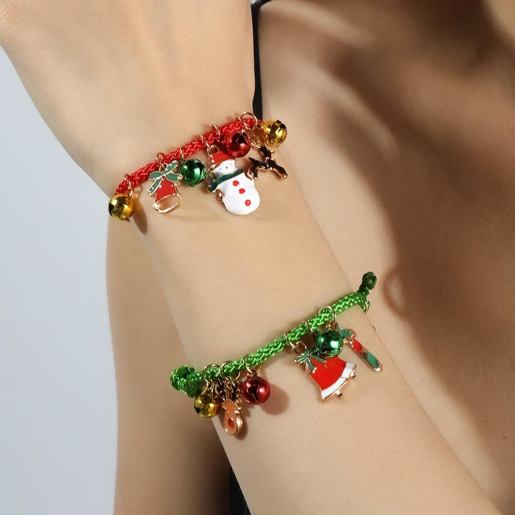 Christmas Elk Bell Couple Bracelet, Cartoon Oil Drip Adjustable Santa Cane Bracelet