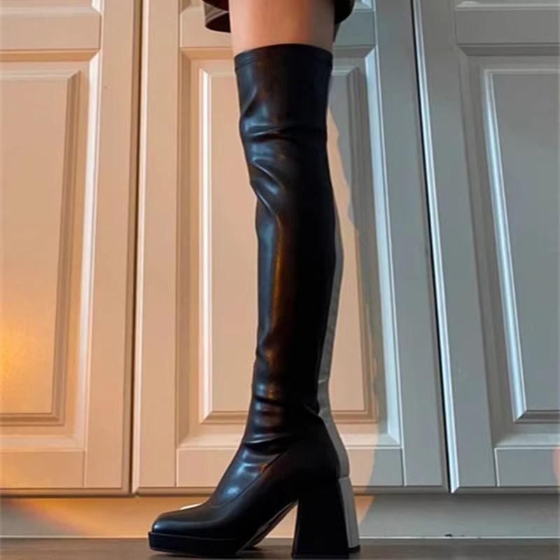 High-heeled Over-the-knee Boots for Women's 2025 Autumn and Winter New Small Slim Waterproof Table Square Head Thick-heeled White High Boots