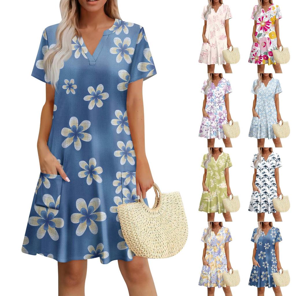 Women's Dress Casual V Neck Wedding Guest Dress Short Sleeve Fashion Beach Vacation Clothing